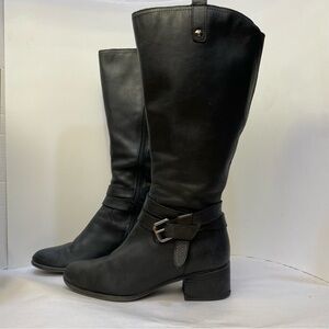 Naturalizer Black Leather Wide Calf Knee-High Boots Block Heel Size 8.5